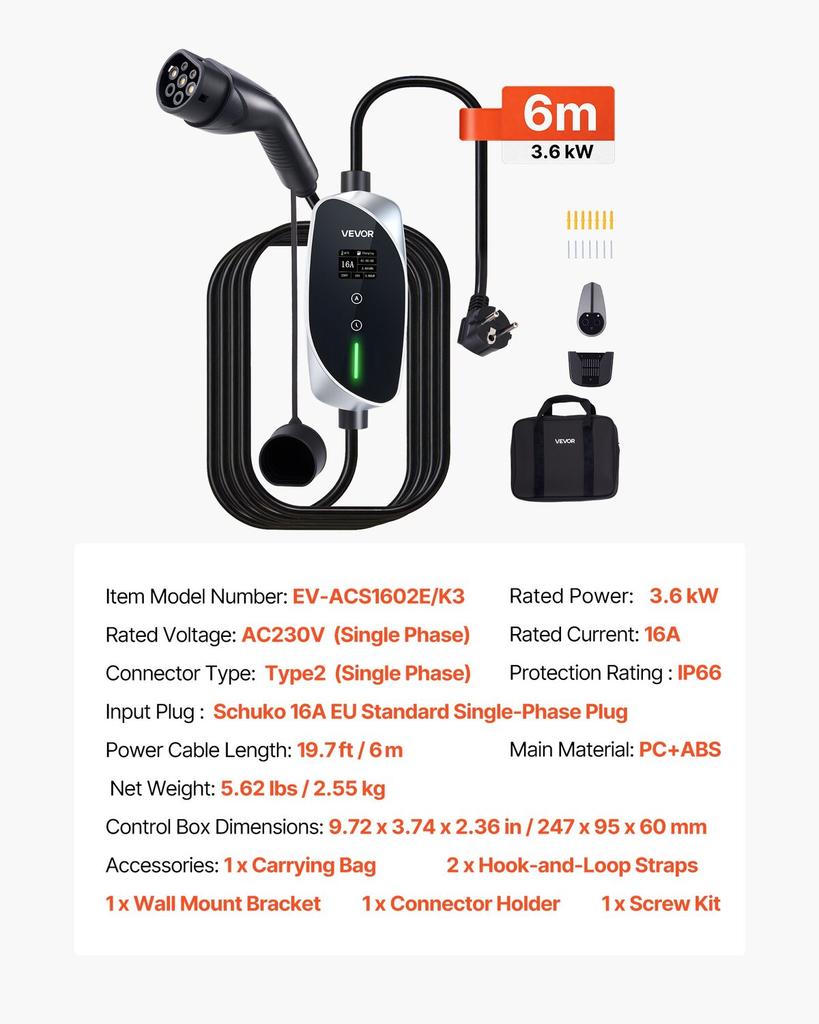 Mobile Wallbox, 3.6 kW 16A, Type 2 Portable EV Charger, Single Phase Electric Vehicle Car Charger with 6 M Charging Cable, Schuko16A Plug, LCD,
