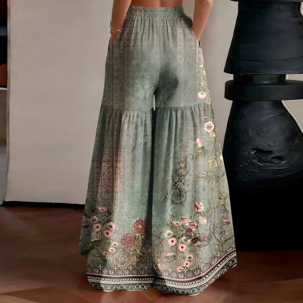 Pantalones de Cintura Alta Pierna Ancha para Mujer Corte Holgado Ligeros Estampado Floral Pantalones Palazzo Estilo Vintage Casual Largos para Verano