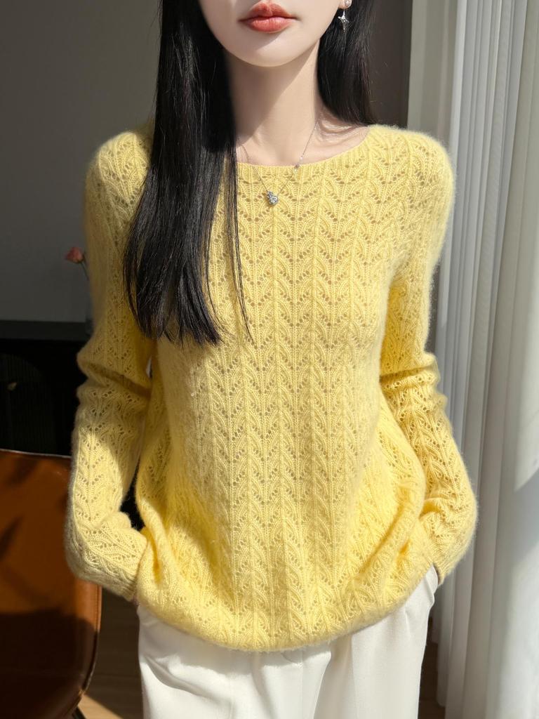 Peacock Tail Hollow Knit Sweater: Fine Wool, Skin-Friendly, Breathable, Solid Color, Lazy Style, Long Sleeve Base Layer