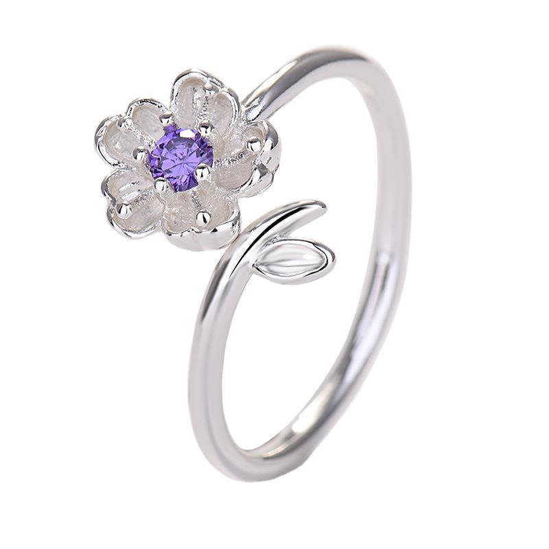 Qiao Lan Xuan Cherry Blossom Diamond-Studded Silver Adjustable Ring - Korean & Japanese Style for Women and Students