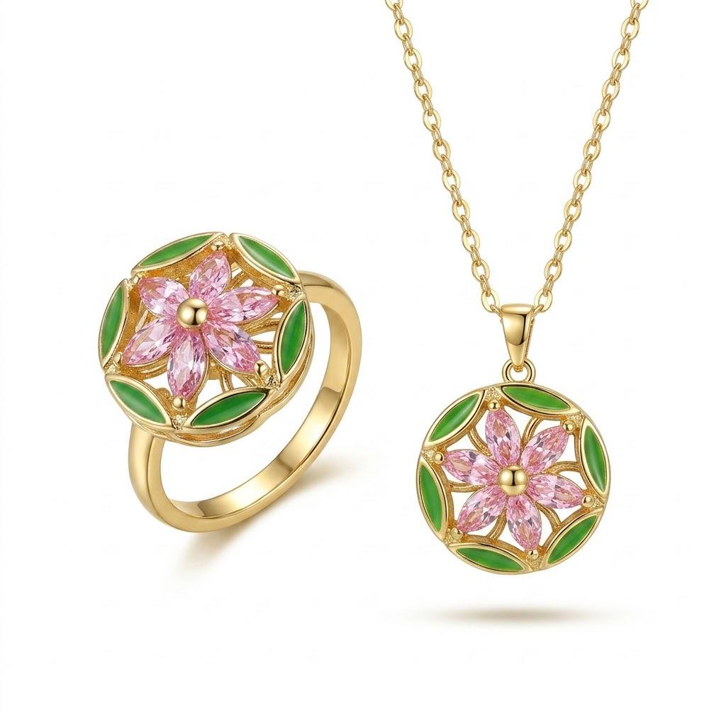 Women's Fashion Necklace & Bracelet Set: Flower Pendant, Diamond Bauhinia Earrings