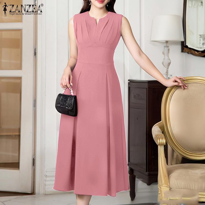 ZANZEA Womens Summer Casual V-Neck Solid Color Sleeveless Dress
