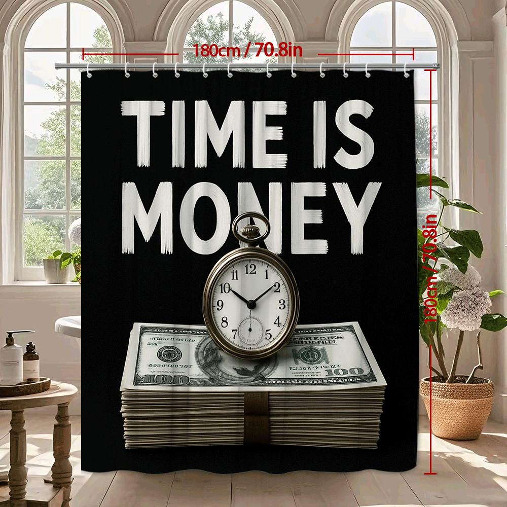 Time Is Money Shower Curtain Black Background Clock Stack Business Motivational Decor Waterproof Free Hooks Included Non-Toxic