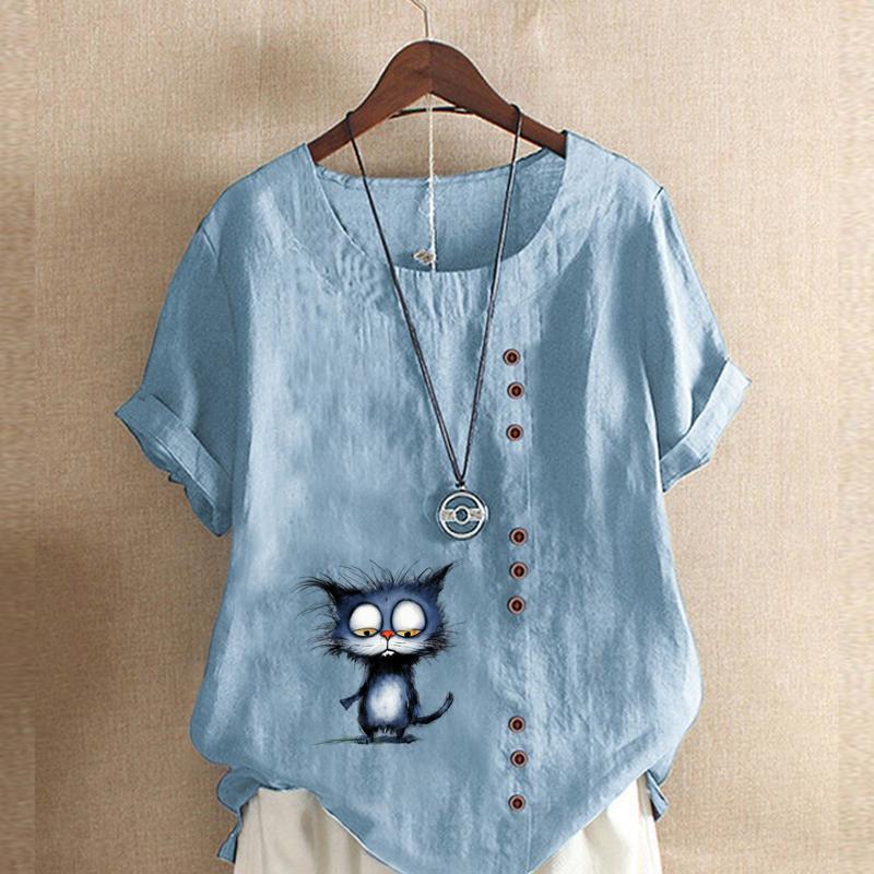 Women's Fashion Blue Cat Prined Short Sleeve T-shirt Loose Cotton Shirt Casual Loose Summer Blouse Tops Plus Size