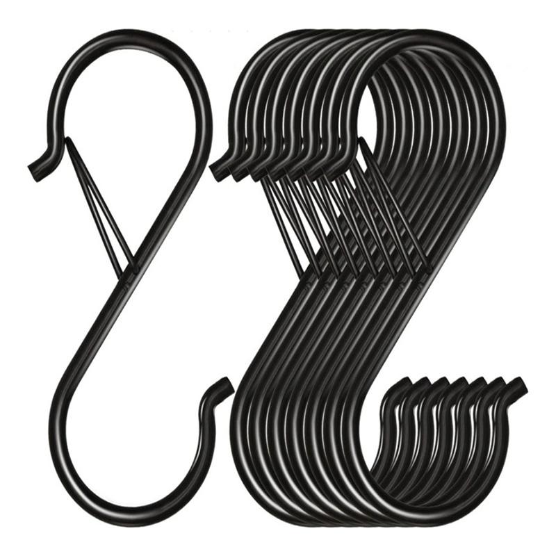 5PCS S-Shaped Hook with Safety Buckle Black Silver Metal Hook for Outdoor Flower Baskets Kitchen Utensil Bedroom Clothes Storage