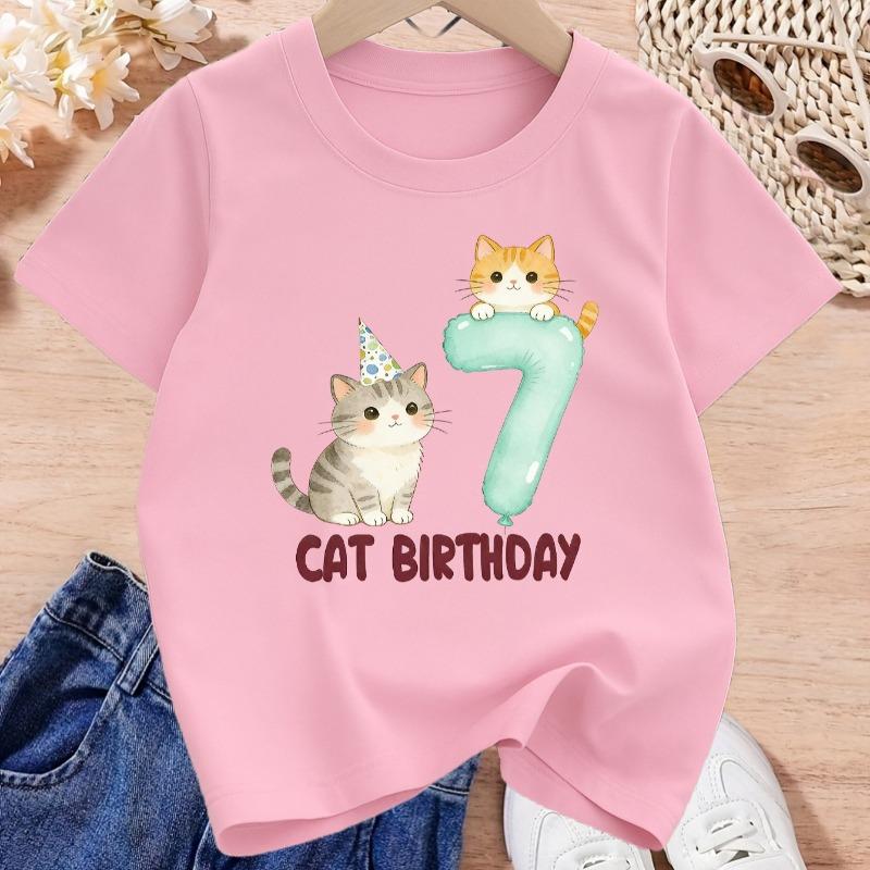 Girls Cat Birthday Cute Floral Print Crewneck T-Shirt, Spring Summer Versatile Kids Tee