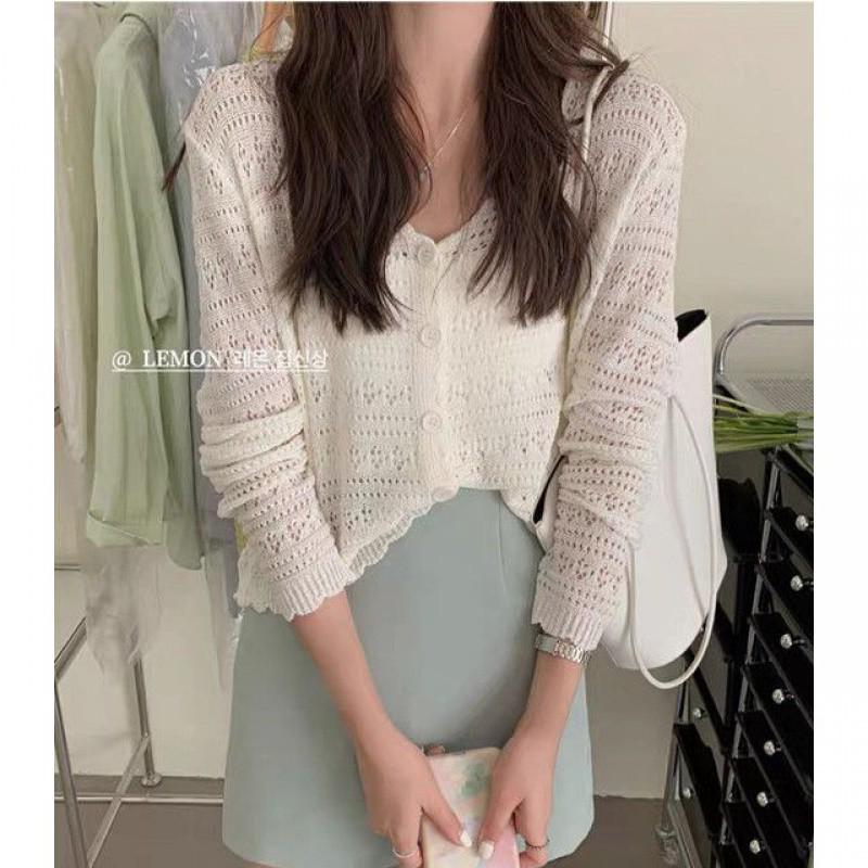 2025 Women's Plus Size Ice Silk V-Neck Knit Cardigan - Summer Sun Protection, Solid Color, Thin, Hollow-Out Short Shawl Jacket