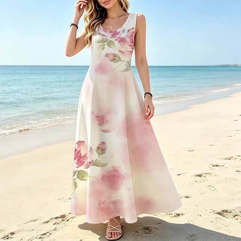 Women's Long Tank Dress Romantic Floral Sleeveless Lightweight Elegant Summer Dress for Beach Vacation Daily Outdoor & Beach Stroll