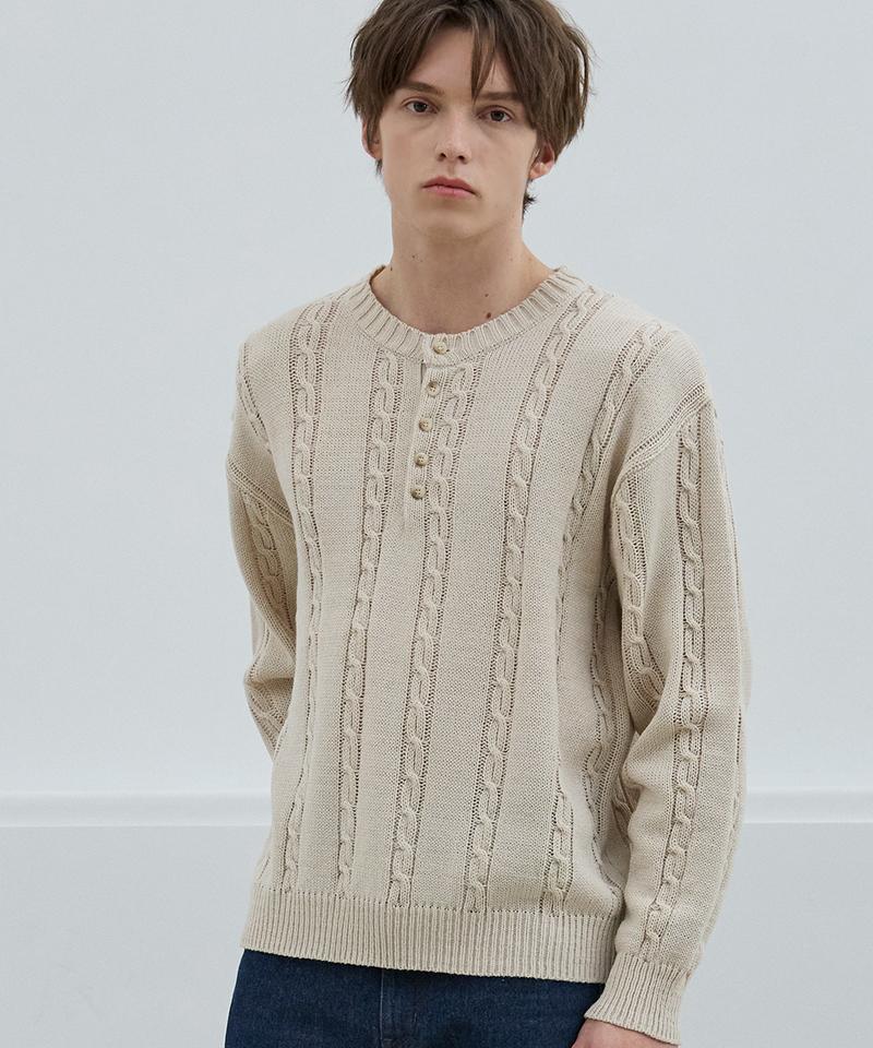 Nod You Mild Henley Neck Round Knit T-Shirt [Beige] M