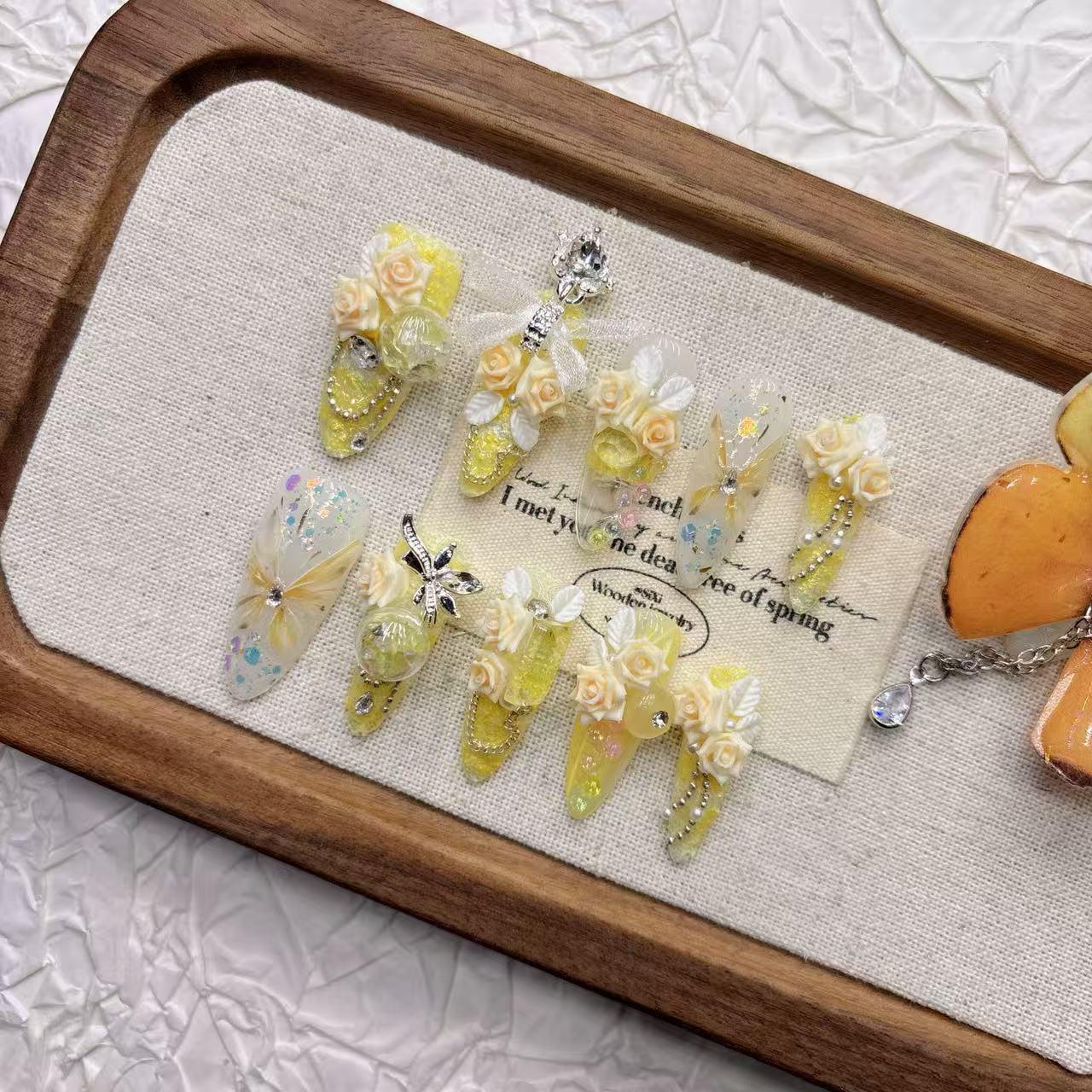 Large 3D Yellow Butterfly 11-Finger False Nail Tips - Medium-Length, Pointed, Stunning, Handmade Nails