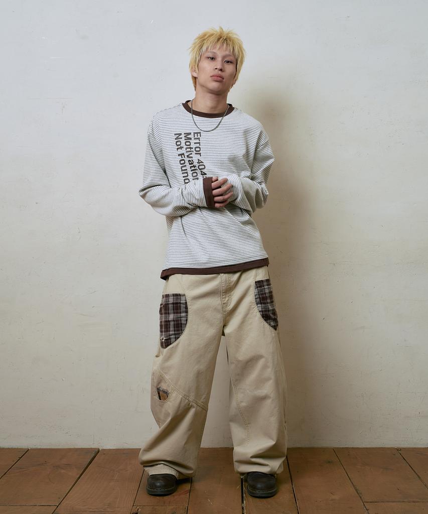 Lujeoseukeulleob Check Patch Wide Cotton Pants Beige