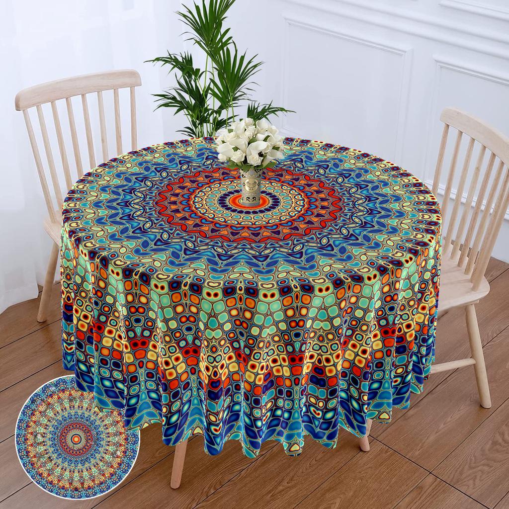 1 Piece Circular Tablecloth With Green Red Flower Waterproof Colorful Terrace Table Cover Multi-Purpose 63 Inch Totem Tablecloth