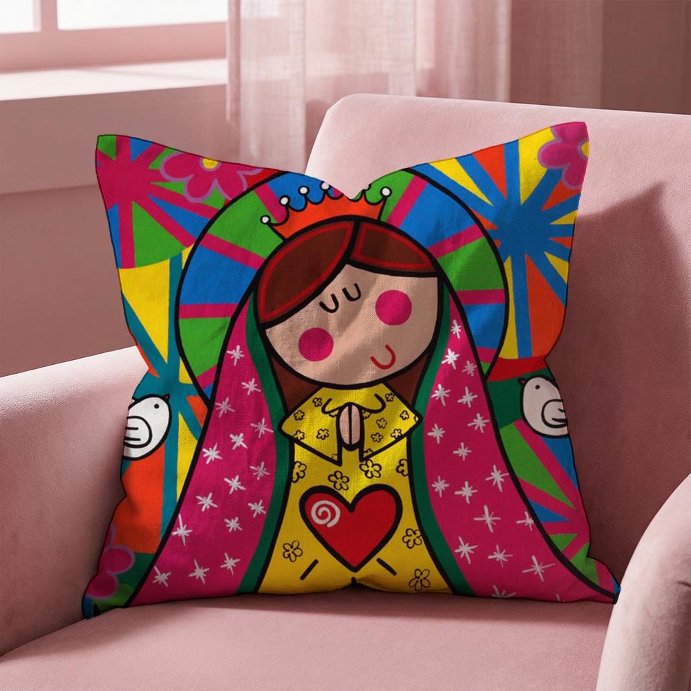Cartoon Virgin Mary Art Cushion Cover Multi-Scene Pillow Cover for Home & Car - Reversible, Soft & Durable for Daily Use