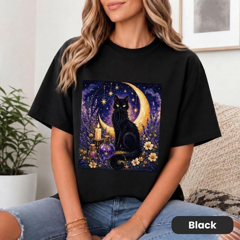 Mystical Black Cat Shirt, Celestial Floral Cat Lover T-Shirt