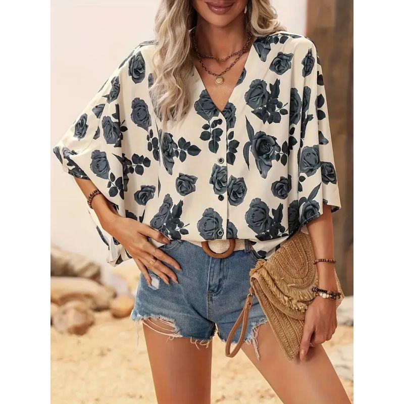 

European and American Women clothes Summer Bat Sleeve Shirts V-neck Cardigan Print Half Sleeve Top Bat Sleeve Shirt Beige XXL