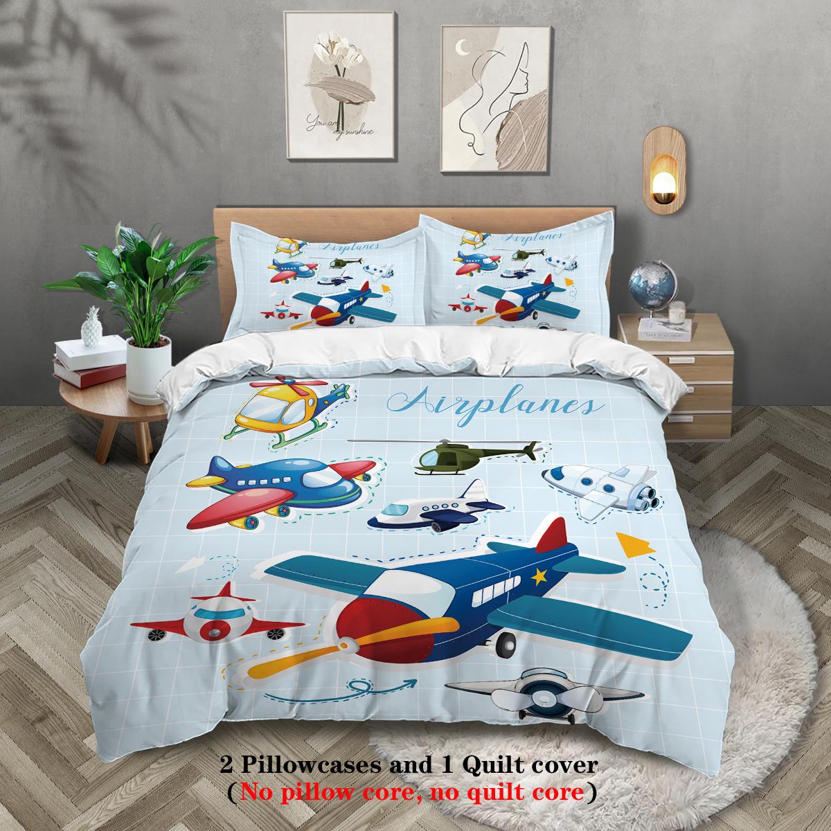 

3-piece cartoon airplane pattern print (1 duvet cover+2 pillowcases, no core) soft and comfortable bedding set 135x200cm-EU-Single