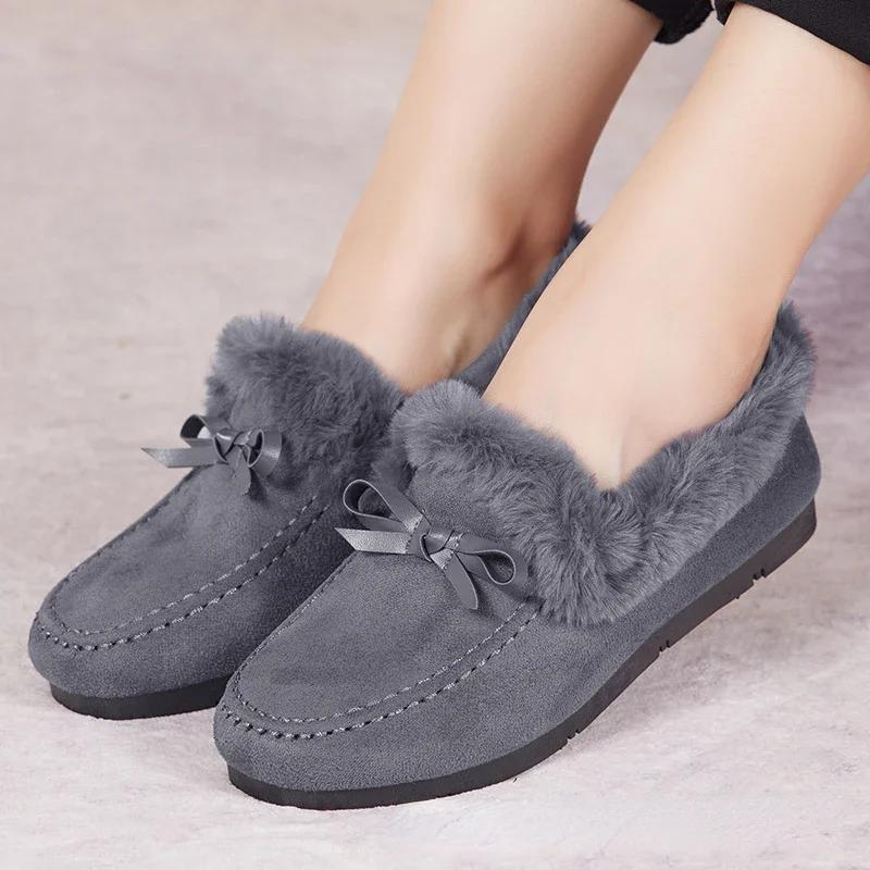 Women's Soft Flat Moccasin Loafers with Warm Plush and Bow Detail