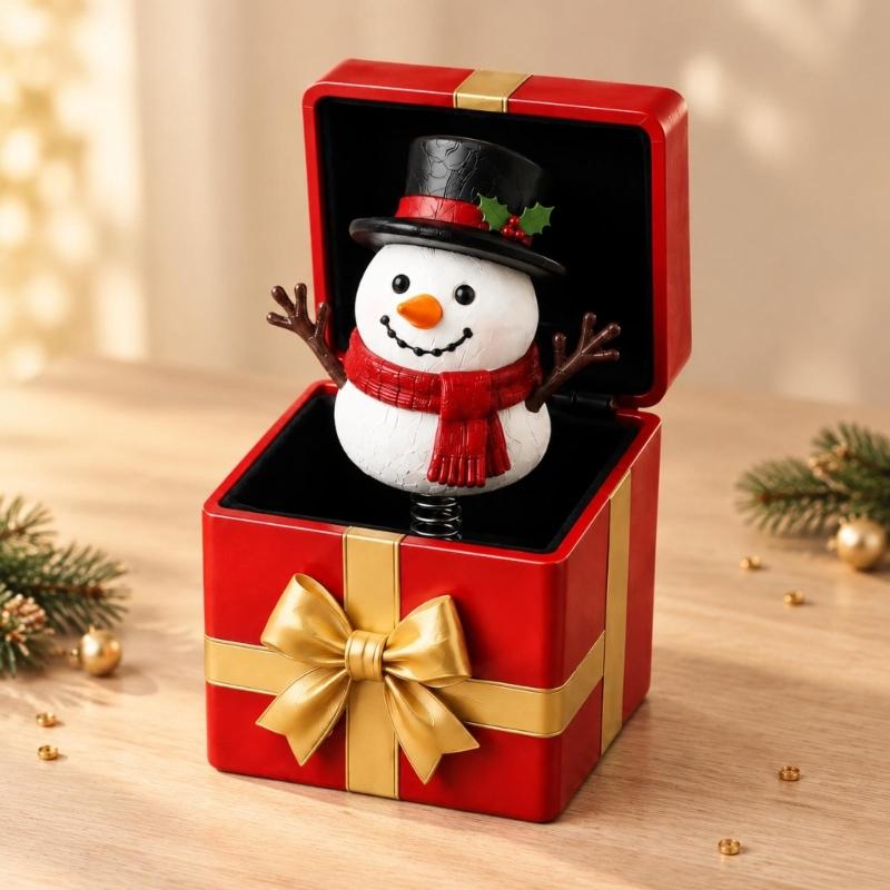 Hinged Christmas Gift Box Toy with a Spring-Mounted Figure That Rises As the Lid Opens for Holiday Gift Giving