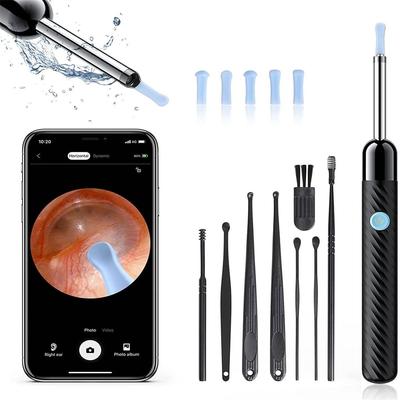 Câmera de limpeza de ouvido 1080P HD com luz LED, kit de coleta de ouvido 8 em 1 com aplicativo sem fio para Android iOS, preto