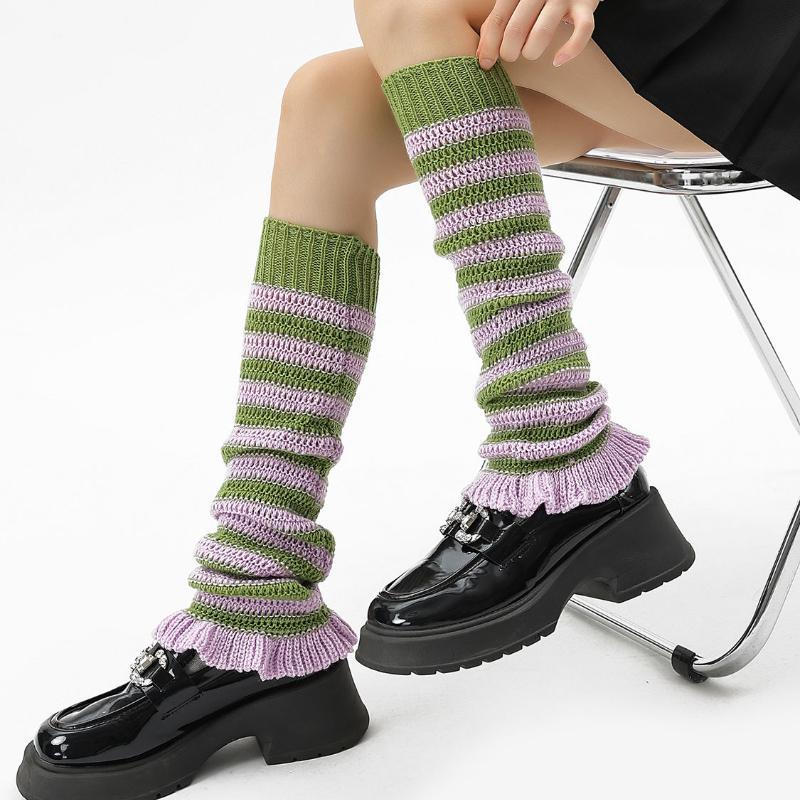 Hot Girl Style Y2K Spring Autumn Women's Striped Slouch Socks Leg Warmers for Leather Shoes Knitted Chunky Thread Calf Socks