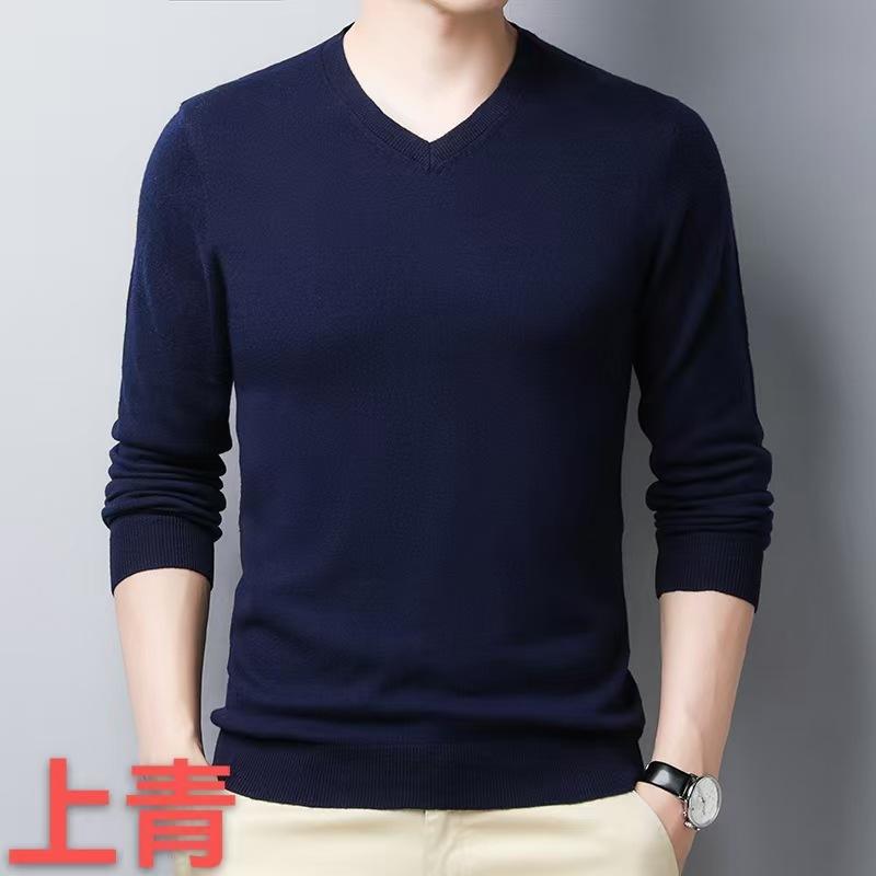 100% Pure Wool Sweater Men'S Spring And Autumn Chicken Heart Neck Knitted Sweater Versatile Men'S Wool Sweater Casual Bottoming Shirt