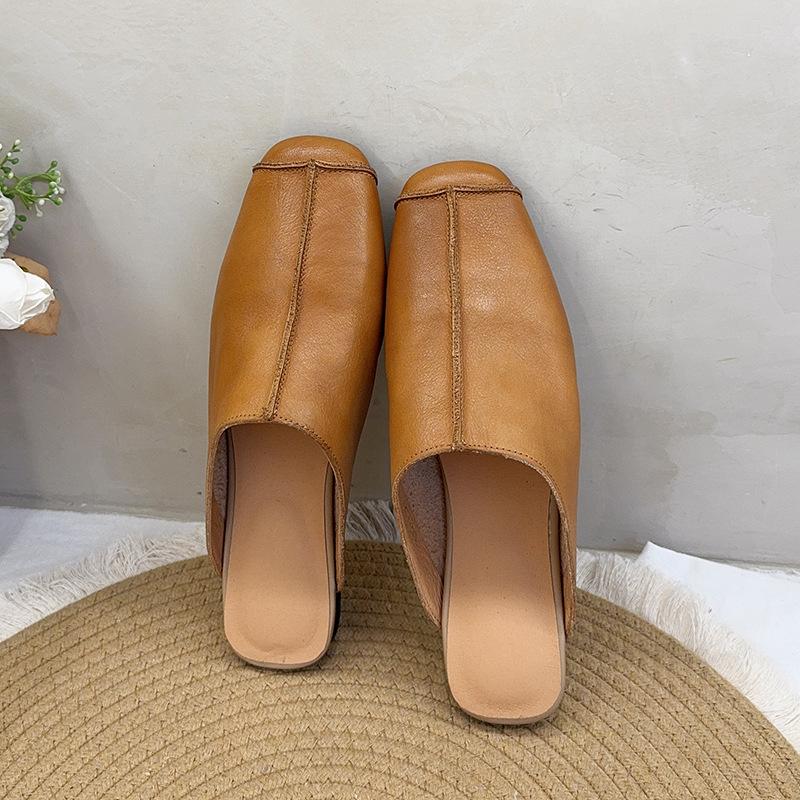 Johnature Retro Splicing Šití Ploché Pantofle Kulatá Špička Pravá Kůže Měkká Podrážka Jednobarevné Dámské Boty