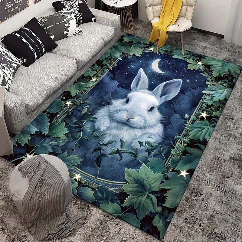 Enchanted Bunny Moonlight Rug: Fantasy Forest Design for Kids Rooms | Nature Themed Carpets | Soft and Comfortable Floor Decor