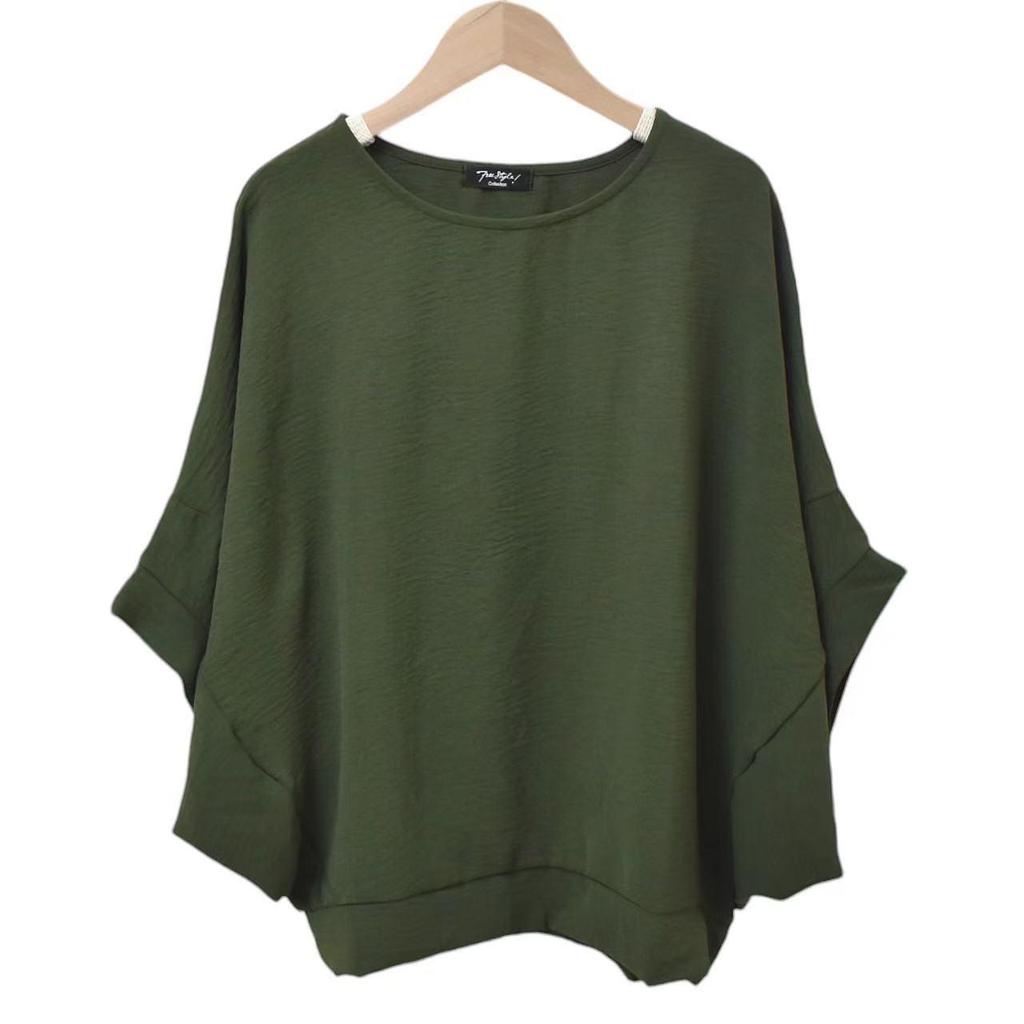 2025 Ice Silk Pleated Batwing Sleeve Plus Size Women's Top - Casual and Trendy