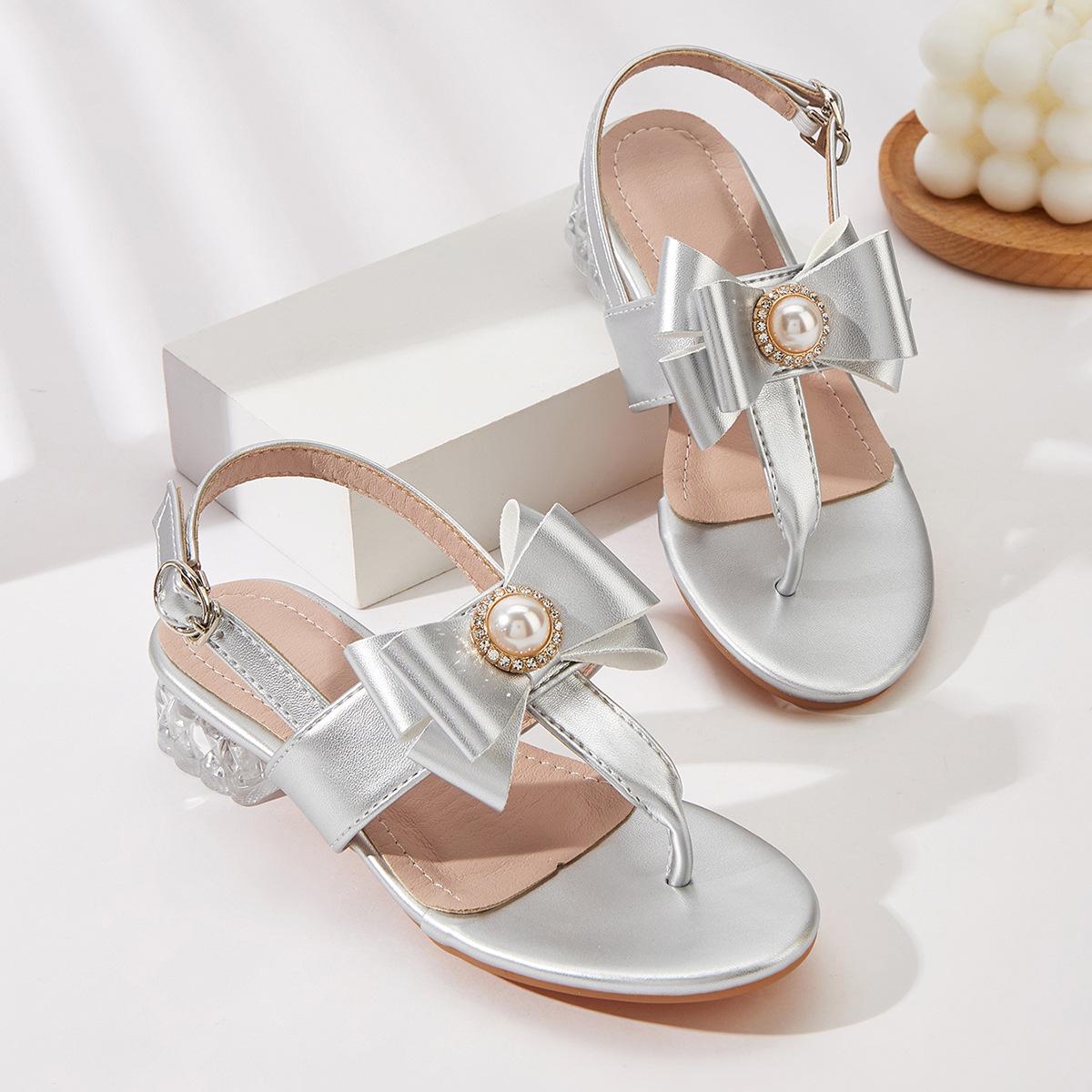 

2025 Summer Girls Bowknot Open Toe Sandals - High Heel Flip Flops for Baby Girls 36 серебряный