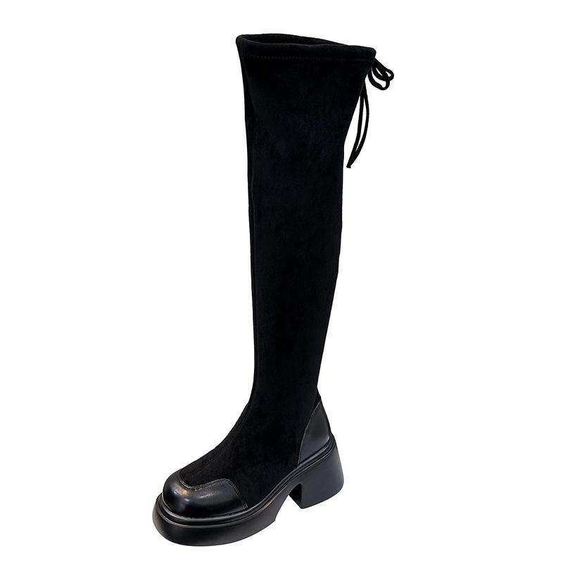 Wide Fit Over-the-Knee Elastic Sheepskin Velvet Boots, Plus Size for Autumn/Winter with Thick Sole.
