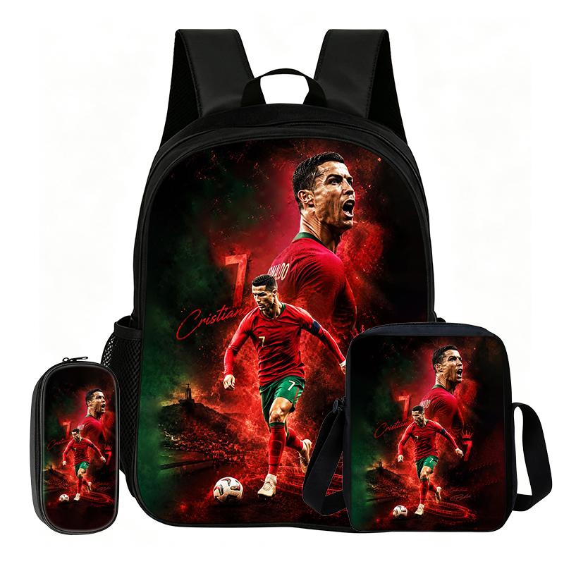Ronaldo Student 3Pcs Set Backpack Kids School Shoulder Bag,Pencil Bags,Football Sport Bookbag Football Star Rucksack