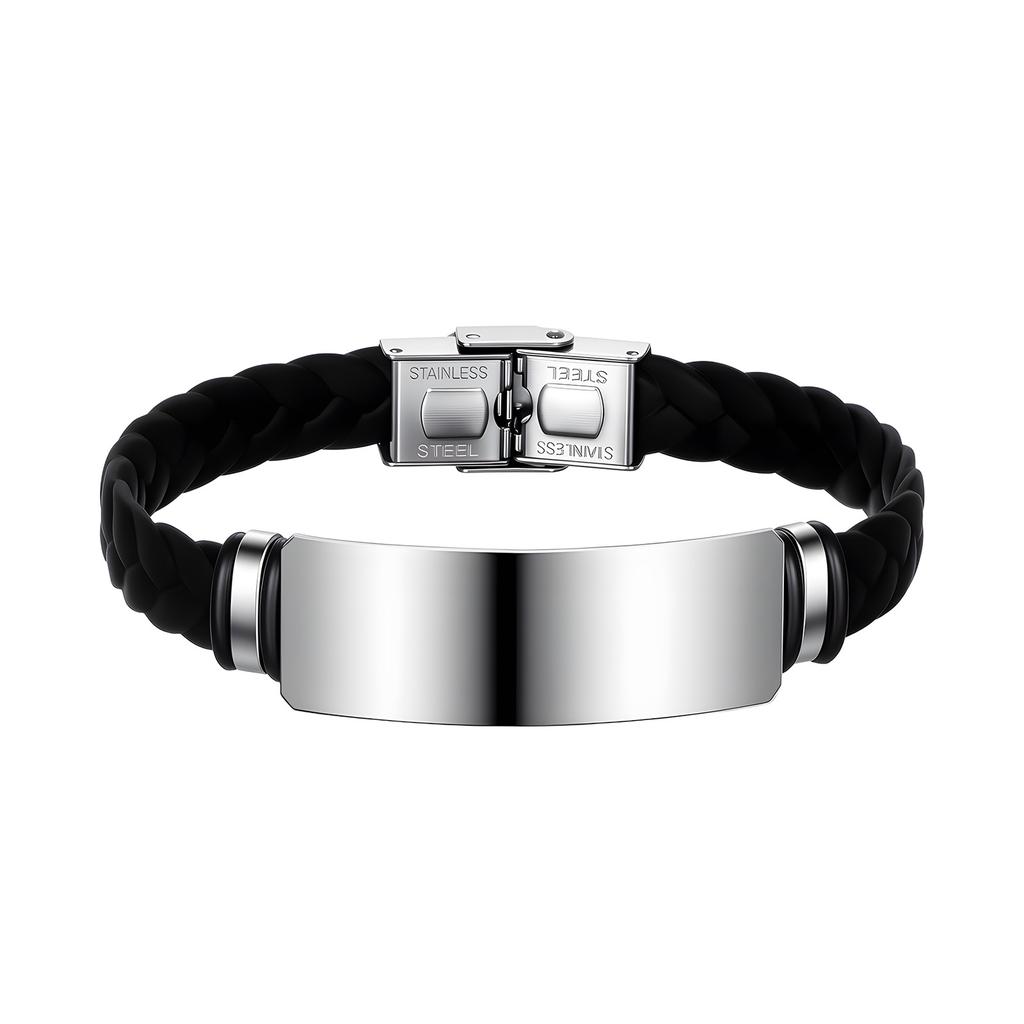 Simple Twisted Braid Leather Bracelet Stainless Steel Chain Engravable Jewelry