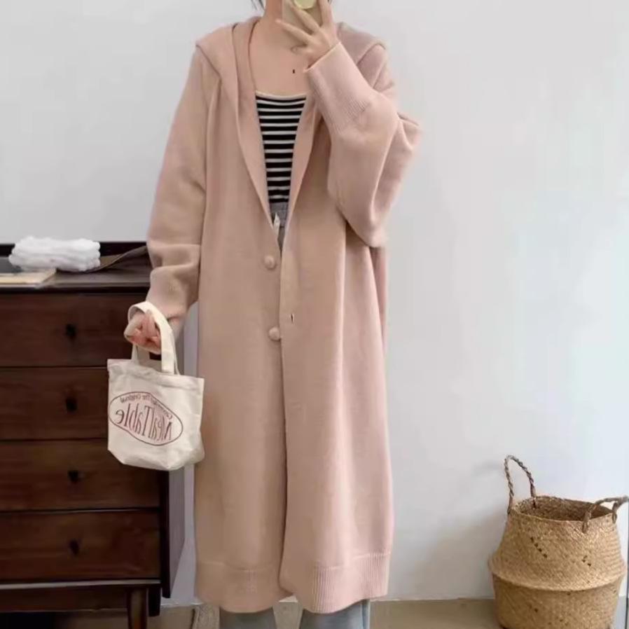 Large size cardigan simple and versatile lazy style soft waxy medium and long hooded sweater jacket women's new autumn and winter models