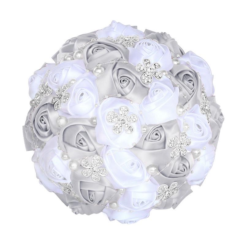 European & American Elegant Ribbon Flower Bridal Bouquet – Beaded Five-Flower Design