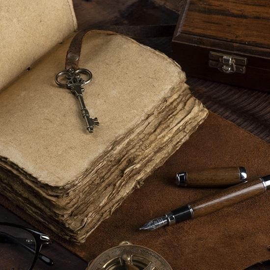 Leather Diary Writing Notebook - Unique Handmade Embossed Travel Diary with Deckle Edge Paper