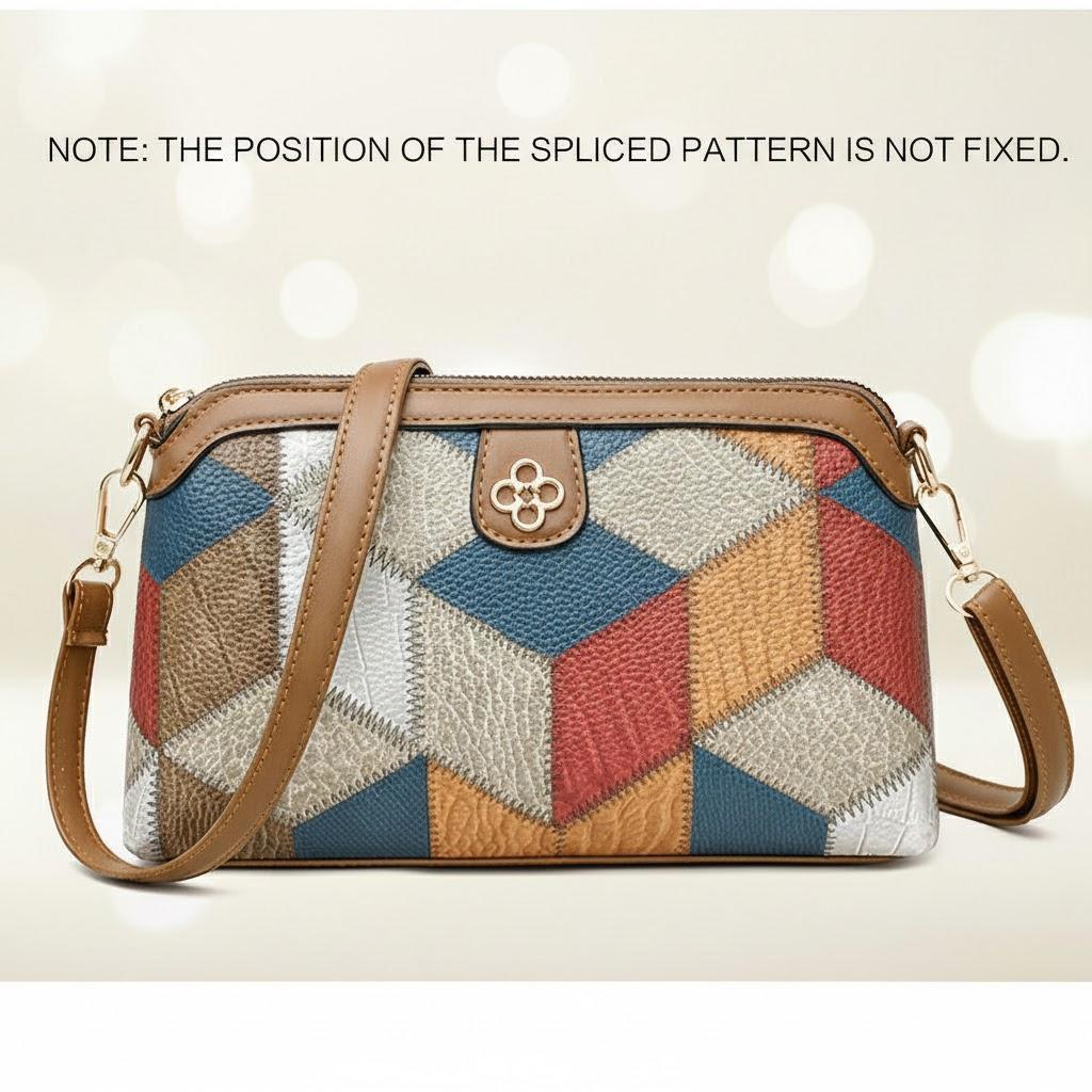 

Stylish PU Leather Crossbody Bag Color Block Ethnic Design Adjustable Detachable Strap Zipper Closure Inner Phone Pocket