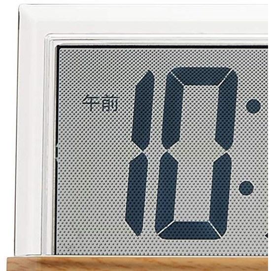 Seiko Clock tabletop alarm radio-controlled digital calendar temperature humidity display see-through LCD light brown wood grain pattern body size