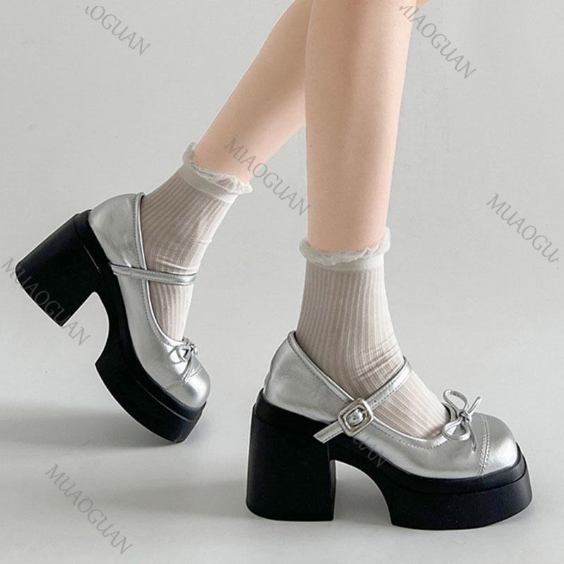 Fashion 10cm Thick High Heels Mary Jane Shoes for Women Vintage Shallow Platform Pumps Fashion Square Toe Heeled Loafers Women Shoes