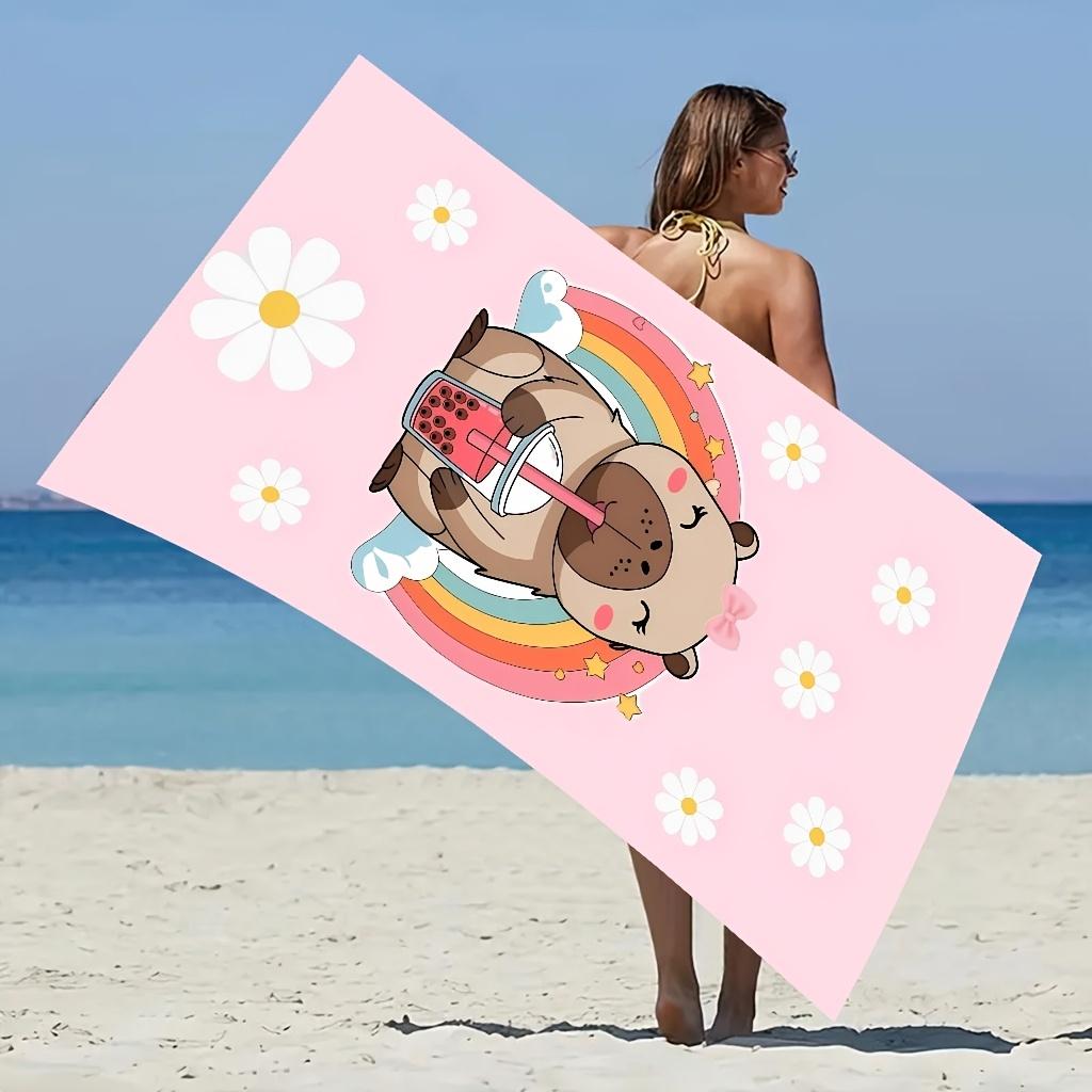 1 Cartoon Capybara Drinking Pearl Milk Tea Towel | Polyester Microfiber, 250g/m², Suitable for Swimming, Camping, and Bathing