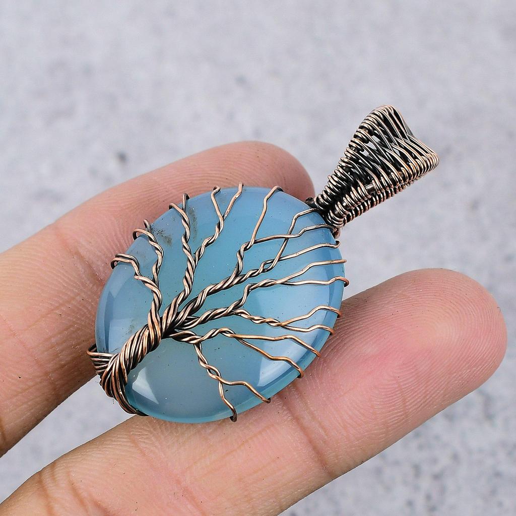 Blue Chalcedony 999 Copper Wire Wrapped Pendant, Handmade Gemstone Pendant Jewelry, Gifts For Wife Brand New Pendant