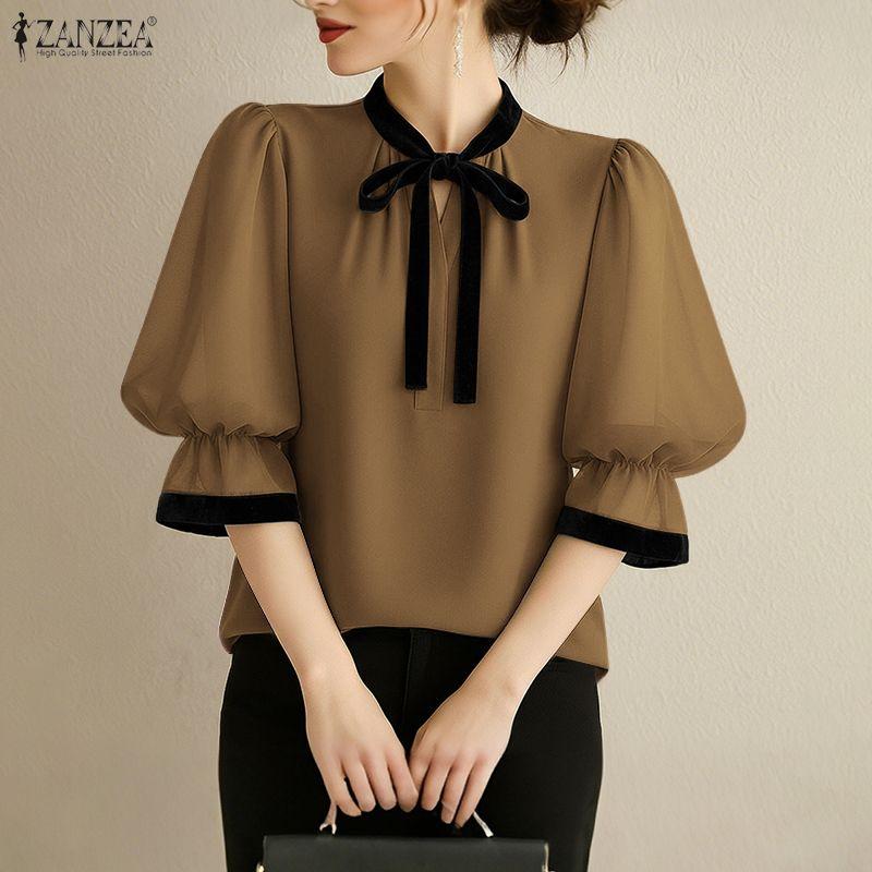 ZANZEA Damen Rundhals 3/4-Ärmel Elegante Lässige Bluse