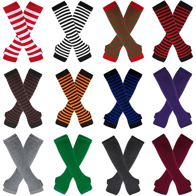 Striped Elbow Gloves Women Emo Gloves Winter Warm Long Sleeves Gloves Women Fingerless Stripe Hip-Hop Knitted Elbow Mittens