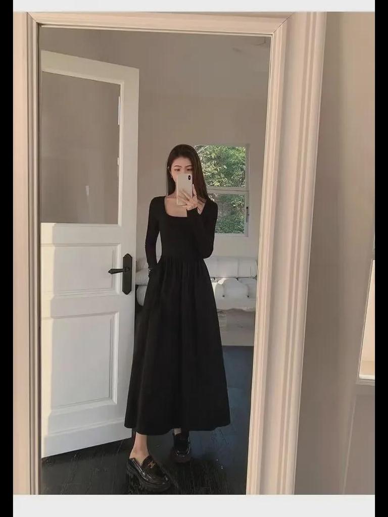 2024 Women's French Square Neck Long Sleeve A-Line Dress - Spring/Autumn Waist-Slimming Maxi