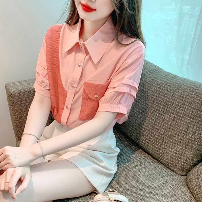 Color Block Shirt for Women Short-sleeved 2025 New Summer Fashionable Fashionable Design Niche Chiffon Top