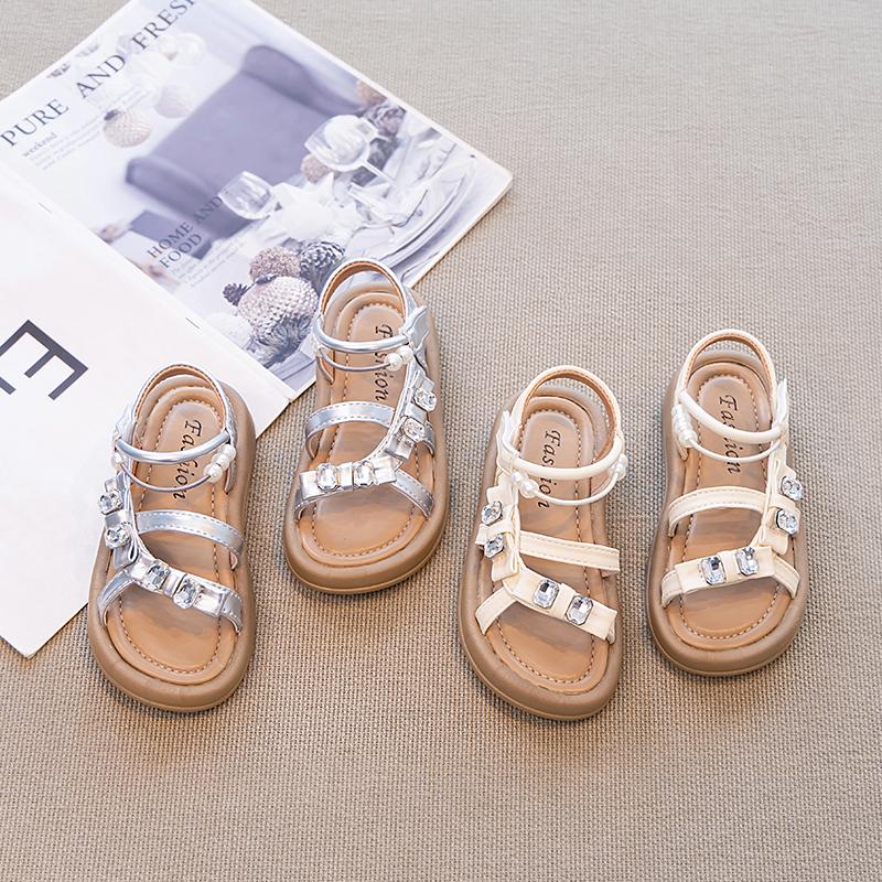 Girls Sandals Soft Comfortable Children Beach Shoes Open Toes 2025 Summer New Kids Princess Shoes Shiny Crystal Beadings Sweet
