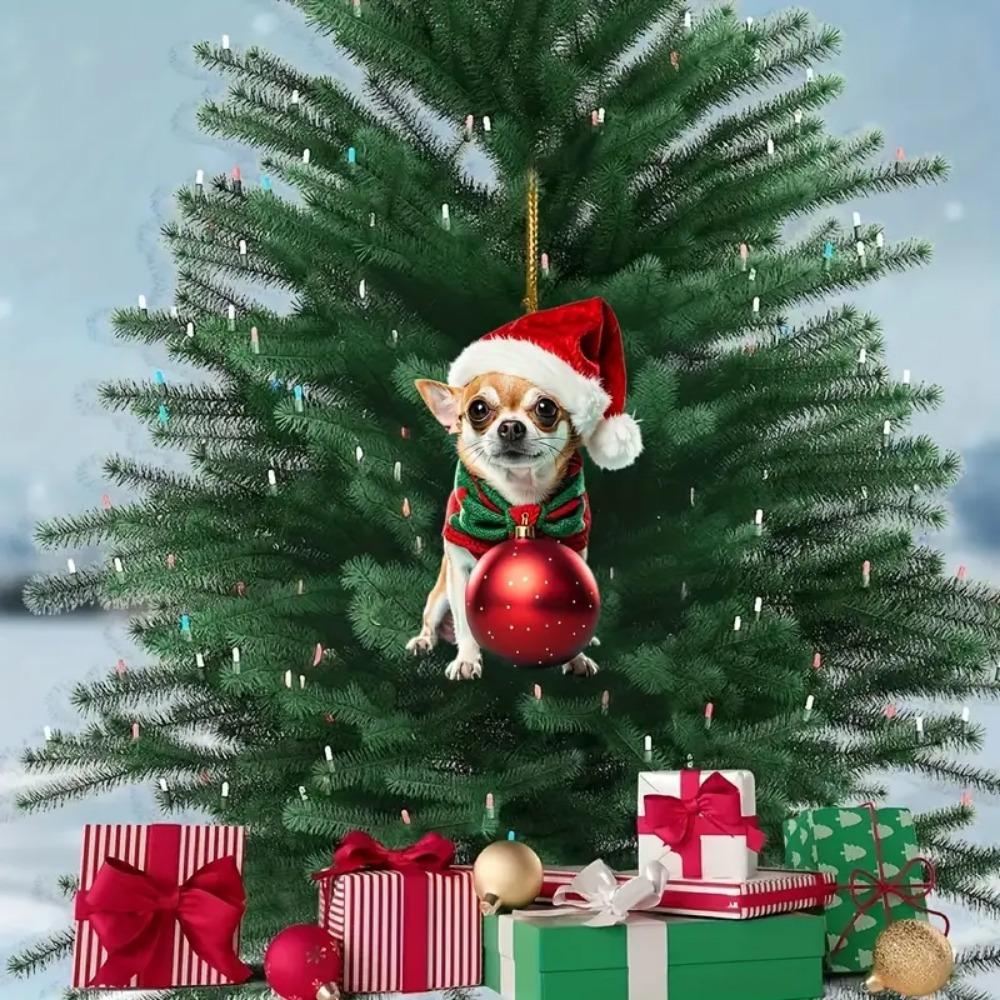 2D Chihuahua Christmas ornament for car mirrors, home decor, and keychains. A perfect holiday gift.