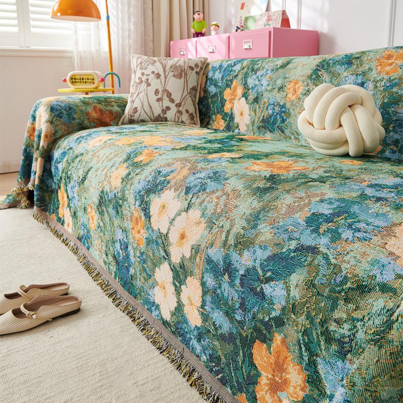 Ins Style Sofaüberwurf mit Blumendruck und Quasten Hochwertig Beidseitig verwendbar Ecksofa-Abdeckung Retro All-Inclusive Heimdekor