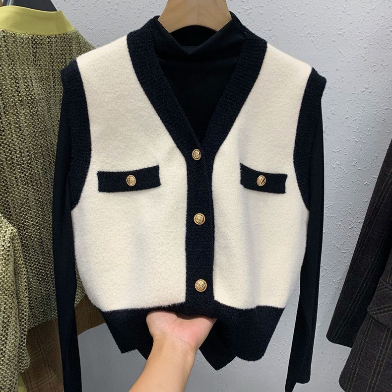 Women's Knitted Vest Spring Autumn Short V-neck Sleeveless Knitted Cardigan Vest Color-blocked Vest Top
