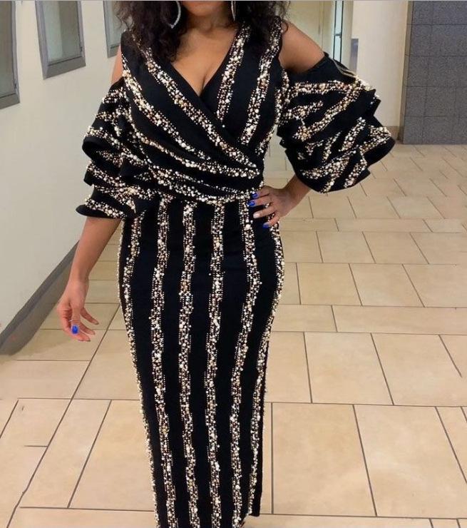 

Сексуальное черное платье средней длины с V-образным вырезом и разрезом в европейском и американском стиле на осень/зиму 2020 г. XXL чёрный