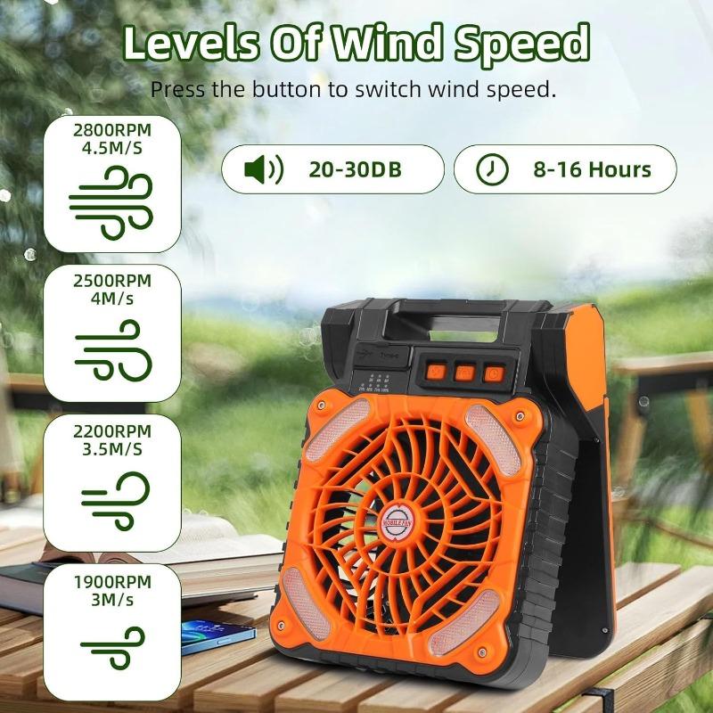 Solar Powered Fan for Camping Portable Rechargeable for Gazebo with LED Light & Timer 4 Speed Cordless Battery Powered for Outdoor Stay Cooling Orange